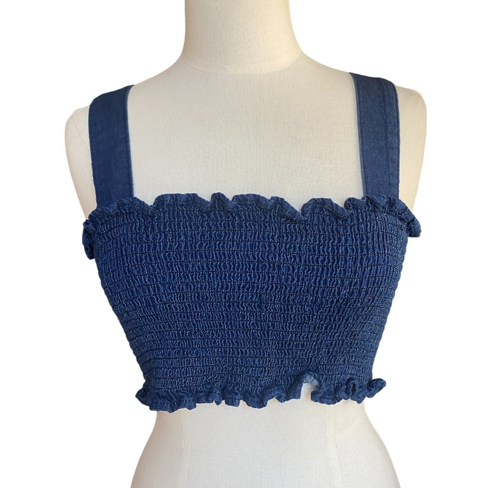Urban Outfitters Naomi Smocked Denim Crop Top Festival Y2K Coastal Grandmother-L